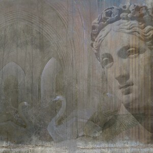 May include: A faded, textured image of a woman's face with a crown of flowers, superimposed over a blurry image of an arched doorway with two white swans.