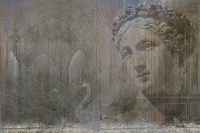 May include: A faded, textured image of a woman's face with a crown of flowers, superimposed over a blurry image of an arched doorway with two white swans.