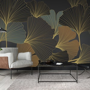 Luxuriöse Art Deco Ginkgoblatt Wandkunst in Gold und Schwarz - Elegantes Wohndekor mit Peel and Stick Funktion