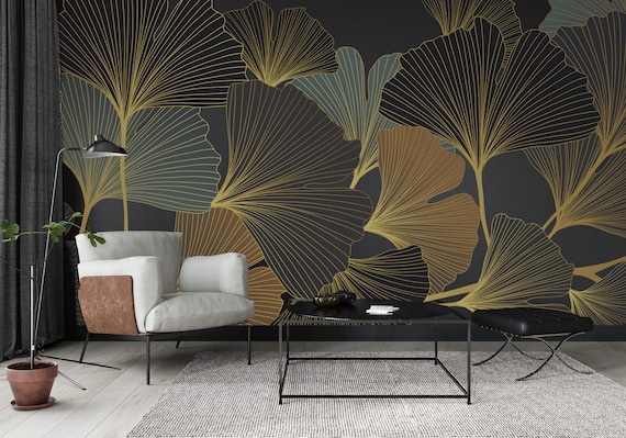 Art Deco Ginkgo Leaf Wall Mural: Gold & Black Peel and Stick
