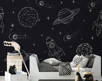 Children's Space Nursery Wallpaper • Black & White Planets • Peel and Stick • Wall Mural
