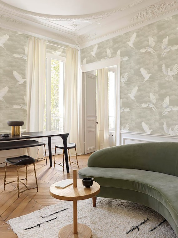 Dove Wallpaper: Cream Vintage Cloud, Peel and Stick Wall Mural