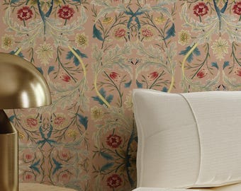 Art Nouveau Morris Red Floral Wallpaper • Sage Green • Peel and Stick • Wall Mural