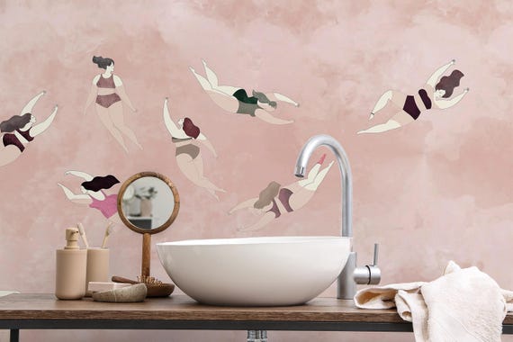 Swimming Women in Minimalist Pink Pastel Style - Vinyl and Peel and stick Wallpaper