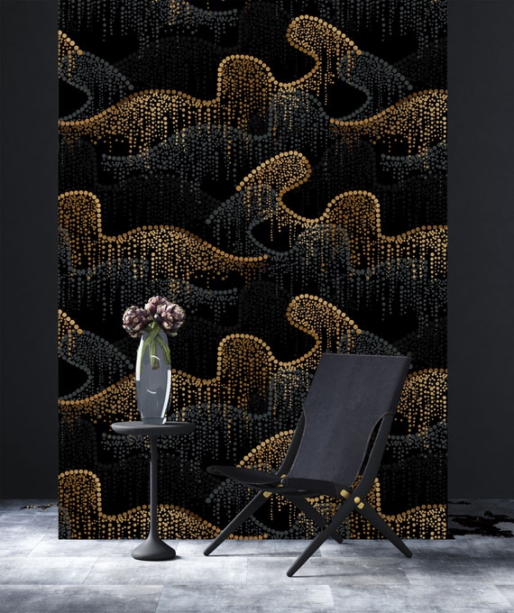Black and Gold Dot Wallpaper: Art Deco Peel and Stick Wall Mural