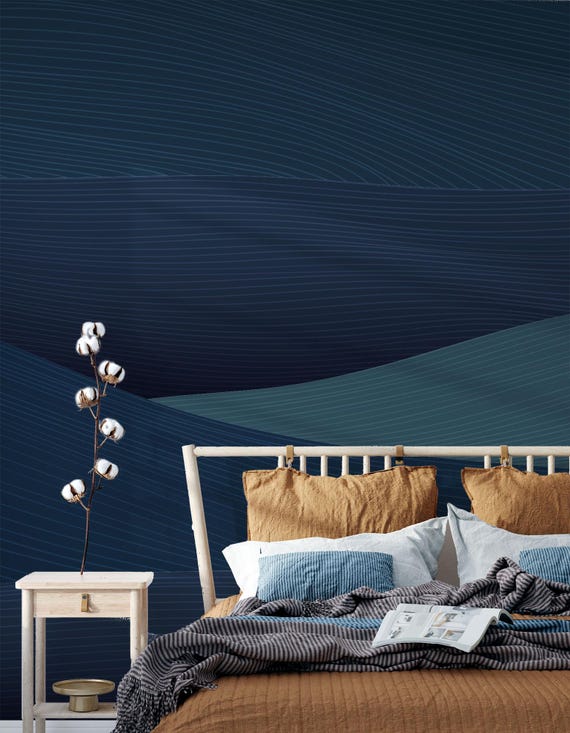 Navy Blue Abstract Line Art Wallpaper: Wavy Sea Peel and Stick Vinyl