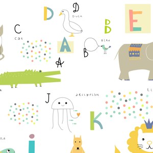May include: A colourful alphabet chart with illustrations of animals and objects. The letters are in a variety of colours and styles. The animals include a cat, duck, bird, elephant, alligator, jellyfish, iguana, and lion. The objects include a crown, a flower, and a fish.