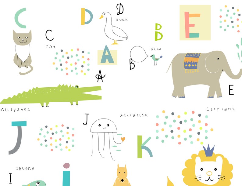 May include: A colourful alphabet chart with illustrations of animals and objects. The letters are in a variety of colours and styles. The animals include a cat, duck, bird, elephant, alligator, jellyfish, iguana, and lion. The objects include a crown, a flower, and a fish.