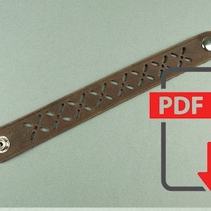 May include: A brown leather bracelet with a decorative cut-out pattern. The bracelet has two metal snaps. The image also includes a PDF download icon.