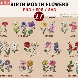 Mes de nacimiento SVG, Flor de nacimiento SVG, Paquete de SVG de flores, SVG botánico, SVG de cumpleaños, SVG de narciso, SVG de amapola, SVG de flores silvestres, Clipart de flores