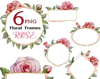 Rode roos bloemen, roze roos, aquarel bloemen grafisch, verjaardag uitnodiging, bloemen gouden frame, Boho Clipart, bloem planner, verjaardagskaart