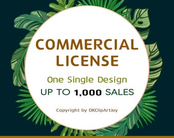 May include: A white circle with the words "COMMERCIAL LICENSE" in brown text, surrounded by green leaves. The text "One Single Design" and "UP TO 1,000 SALES" are also visible. The image includes the copyright information.