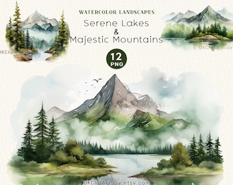 Aquarell Berg Clipart, Clipart Berge, Aquarell Clipart Berglandschaft Clipart Wald Clipart Baum Clipart Hochzeitseinladung