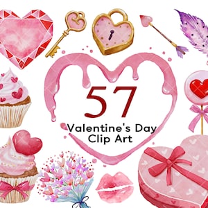 Clipart de aquarela para namorados, flores em aquarela, carta de amor, rótulos em aquarela, balão de coração, clipart de comida, joias de coração, flecha de amor