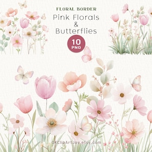 Watercolor Floral Borders PNG, Pink Wildflowers Clipart, Butterflies, Baby-Girl Shower, Bridal-Shower Invitation Card Printables