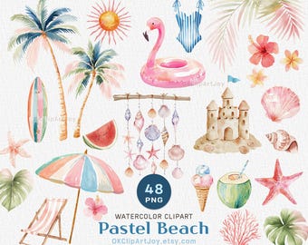 Pastel Beach Clipart: Boho Summer Watercolor PNG Graphics (Digital Download)