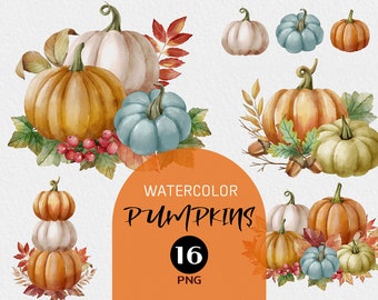 Watercolor pumpkin, Pumpkin clipart, Pumpkin watercolor, Leaves clipart, Watercolor leaves Halloween clipart Fall leaf clip art Thanksgiving