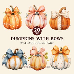 20 Watercolor Pumpkins And Bows Clipart | Coquette Pumpkins | Pink, Gingham Pumpkin | Fall PNG | Cute Pumpkin Clipart | Thanksgiving Decor