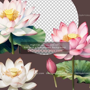 Watercolor Lotus Clipart, Water Lilies, Lotus flower Art, Lotus green leaves PNG, Floral Digital Download, Yoga graphics, Flower invitations