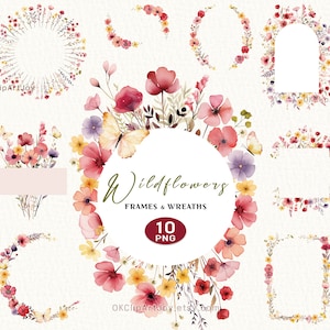 Veld bloemen frame clipart png, wilde bloemen aquarel clipart png, lentebloemen, sierlijke delicate bloemenkrans, digitale illustraties png