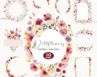 Imágenes prediseñadas de marco de flores de campo png, imágenes prediseñadas de acuarela de flores silvestres png, flores de primavera, corona floral delicada y delicada, clip art digital PNG