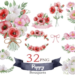 Fleurs à l'aquarelle, coquelicot rouge, aquarelle numérique, Clipart aquarelle, Clipart Floral, Boho Clip Art, faire-part de mariage, Memorial Day