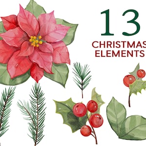 Clip Art de Navidad, Clipart de Navidad, Clipart de Acuarela de Navidad, Clipart de Invierno, Acuarela de Año Nuevo, Flores de Poinsettia, Tarjeta de Navidad