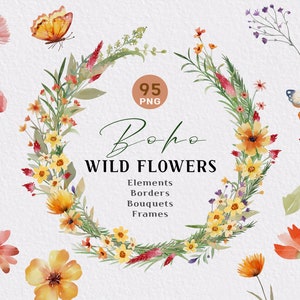 Wild Flowers Watercolor Clipart, Boho Minimalist Wedding Invitation PNG, Digital download bundle, Meadow Floral, Bouquet Frame Floral Wreath