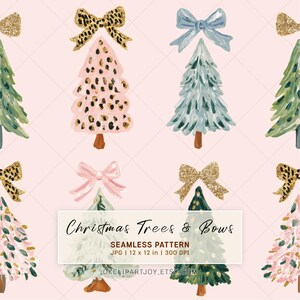 以下が含まれることがあります： ピンク、緑、青で描かれたクリスマスツリーのシームレスパターン。ヒョウ柄やゴールドのグリッターなど、様々なリボンが飾られています。テキストには「Christmas Trees & Bows SEAMLESS PATTERN JPG | 30.48 x 30.48 cm | 300 DPI」と記載されています。