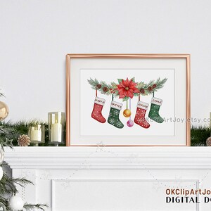 Christmas stocking clipart, Christmas clipart, Watercolor christmas, Traditional xmas, Sublimation ornament, Sublimation designs, Santa clipart bundle, Stocking elements, Stocking names, Christmas botanical, Winter greenery, Christmas flower png