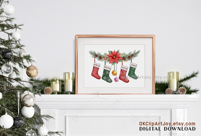 Christmas stocking clipart, Christmas clipart, Watercolor christmas, Traditional xmas, Sublimation ornament, Sublimation designs, Santa clipart bundle, Stocking elements, Stocking names, Christmas botanical, Winter greenery, Christmas flower png