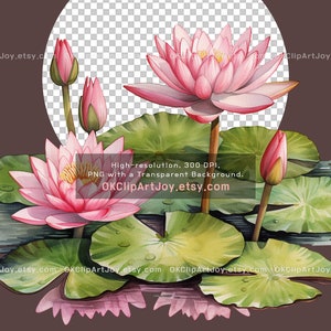 Watercolor Lotus Clipart, Water Lilies, Lotus flower Art, Lotus green leaves PNG, Floral Digital Download, Yoga graphics, Flower invitations