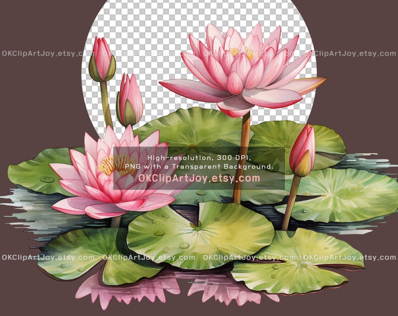 Watercolor Lotus Clipart, Water Lilies, Lotus flower Art, Lotus green leaves PNG, Floral Digital Download, Yoga graphics, Flower invitations