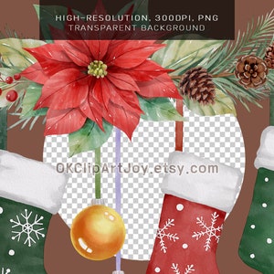 Christmas stocking clipart, Christmas clipart, Watercolor christmas, Traditional xmas, Sublimation ornament, Sublimation designs, Santa clipart bundle, Stocking elements, Stocking names, Christmas botanical, Winter greenery, Christmas flower png