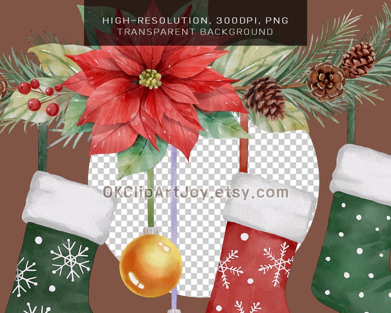 Christmas stocking clipart, Christmas clipart, Watercolor christmas, Traditional xmas, Sublimation ornament, Sublimation designs, Santa clipart bundle, Stocking elements, Stocking names, Christmas botanical, Winter greenery, Christmas flower png