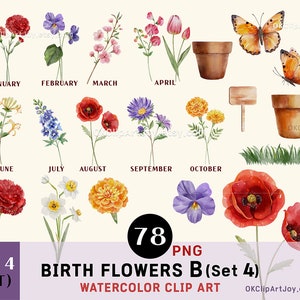 Imágenes prediseñadas de flores del mes de nacimiento, paquete de imágenes prediseñadas florales en acuarela PNG, kit de creación de impresiones de flores del mes de nacimiento para madres