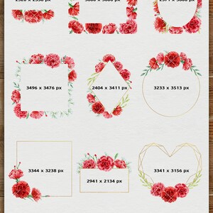 May include: Ten digital images of red carnation flower wreaths in various shapes and sizes, with gold outlines. The wreaths are on a white background.