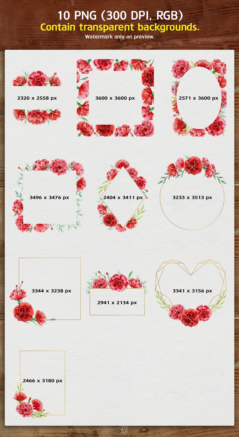May include: Ten digital images of red carnation flower wreaths in various shapes and sizes, with gold outlines. The wreaths are on a white background.