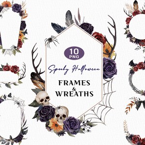 Spooky Halloween Clipart, aquarel bloemen frame, aquarel bloemen, Boho herfst clipart, bruiloft uitnodiging, grotesk skelet shirt