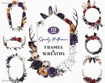 May include: Ten spooky Halloween frames and wreaths with a watercolor style. The frames and wreaths feature skulls, spiders, roses, antlers, feathers, and other Halloween elements.