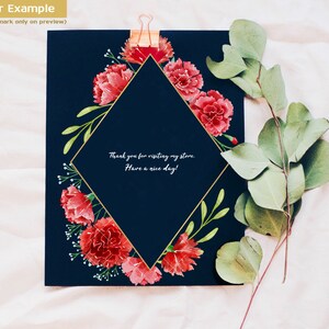 May include: A dark blue card with a gold diamond frame surrounded by red carnations and green leaves. The text inside the frame reads "Thank you for visiting my store. Have a nice day!"