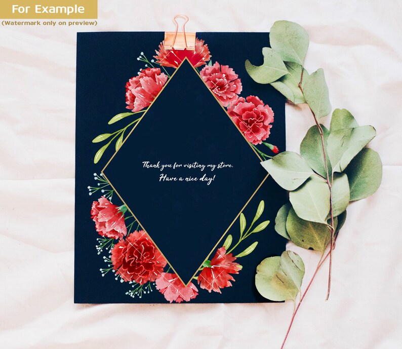 May include: A dark blue card with a gold diamond frame surrounded by red carnations and green leaves. The text inside the frame reads "Thank you for visiting my store. Have a nice day!"