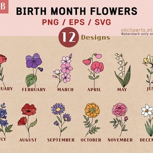 Fleur de naissance svg, lot de svg fleur, svg botanique, anniversaire svg, svg narcisse, svg coquelicot, svg fleurs sauvages, svg BirthMonth, clipart fleur
