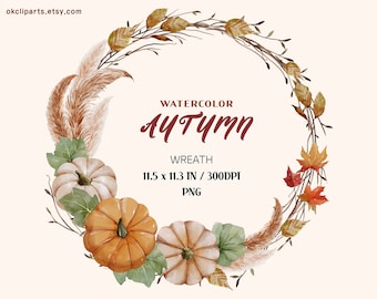 Thanksgiving clipart, Pumpkins clipart, Autumn clipart, Fall clipart, Autumn leaves, Digital download Harvest clipart Watercolor fall wreath