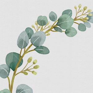 May include: A watercolor illustration of a eucalyptus branch with green leaves and small yellow buds. The branch is curved and the leaves are arranged in a natural, flowing pattern.