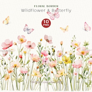 Aquarell Blumen Clipart - Rosa und Pastell Blumen PNG - Wildblumen Blumen Clipart - Blumenrand Set - Hochzeit - Schmetterling Clipart png