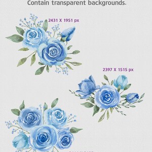 May include: Three watercolor illustrations of blue roses with green leaves and stems. The roses are arranged in bouquets and are perfect for digital scrapbooking, invitations, and other creative projects.