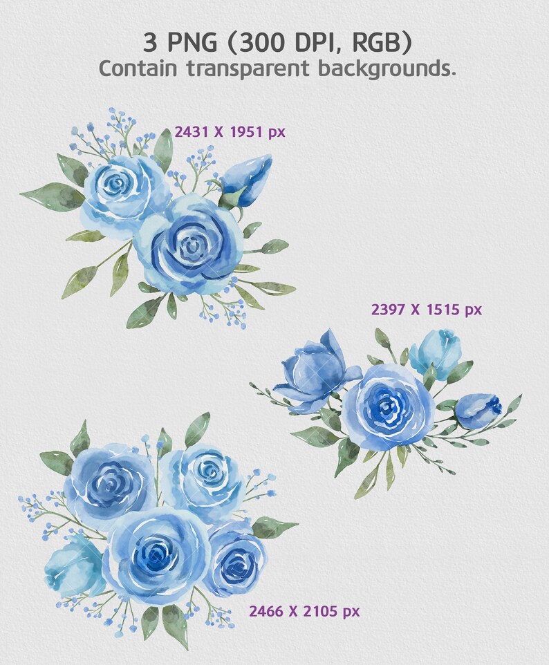 May include: Three watercolor illustrations of blue roses with green leaves and stems. The roses are arranged in bouquets and are perfect for digital scrapbooking, invitations, and other creative projects.