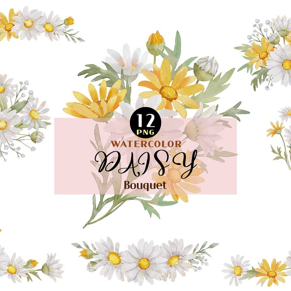 Daisy Clip Art, Spring Floral PNG, Floral Bouquet, Wild Flower Clipart, White Daisy PNG, Watercolor Daisy Baby Breath Clipart Bridal Flowers