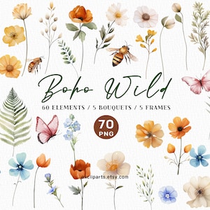 Boho Wildblumen PNG, Aquarell Wildblumen Bündel, Aquarell Blume Pclipart, Wildblumensträuße, Boho Blumenblume, Herbsthochzeit